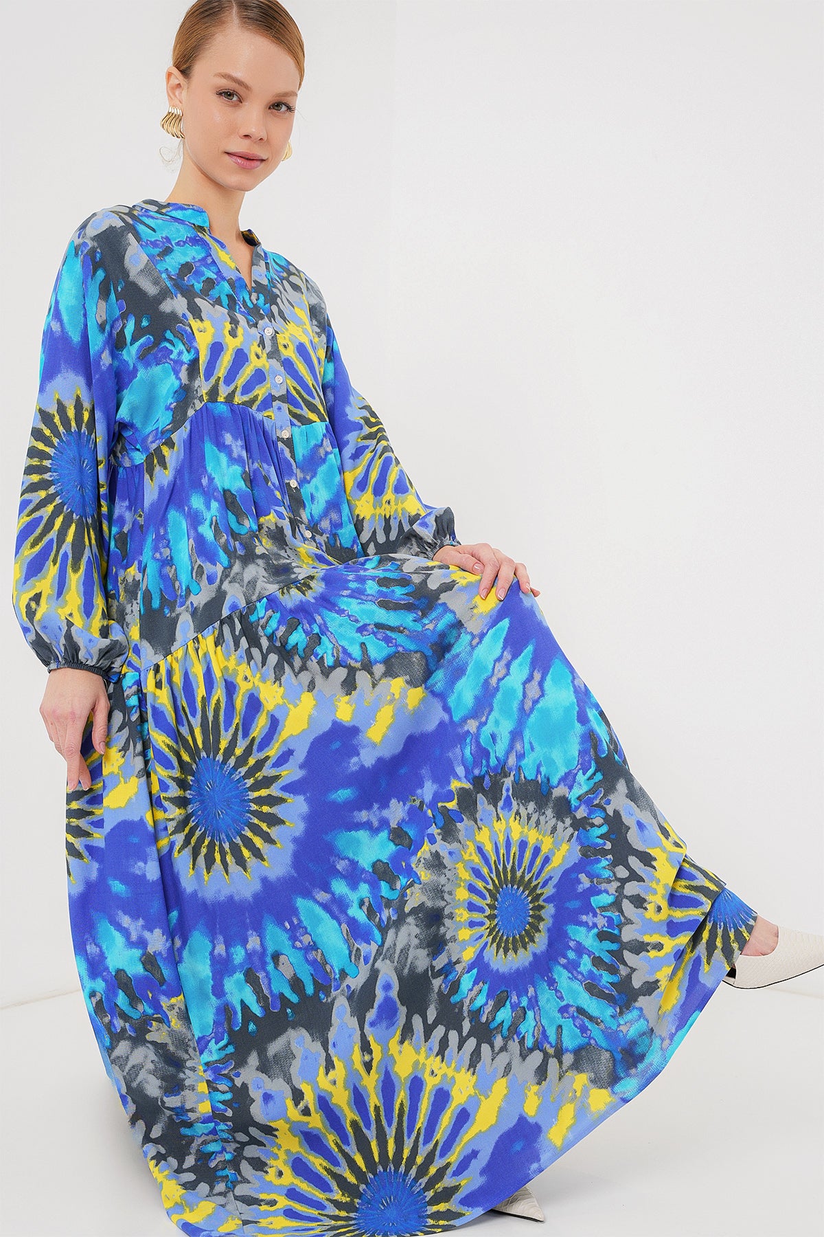 2423 Rochie de modestie cu model etnic - Sax deschis