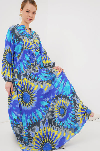 2423 Rochie de modestie cu model etnic - Sax deschis