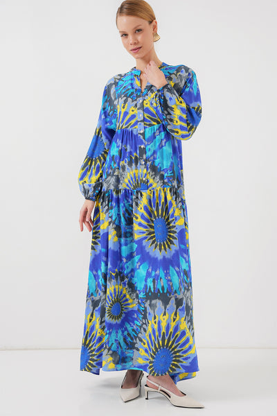 2423 Rochie de modestie cu model etnic - Sax deschis