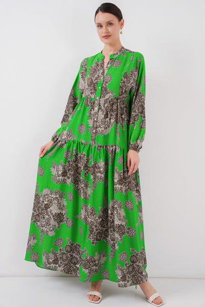 2423 Rochie de modestie cu model etnic - Negru - Verde
