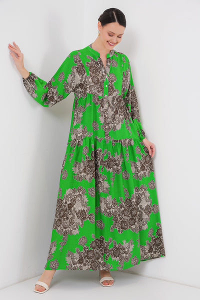2423 Rochie de modestie cu model etnic - Negru - Verde