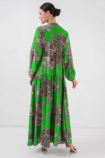 2423 Rochie de modestie cu model etnic - Negru - Verde