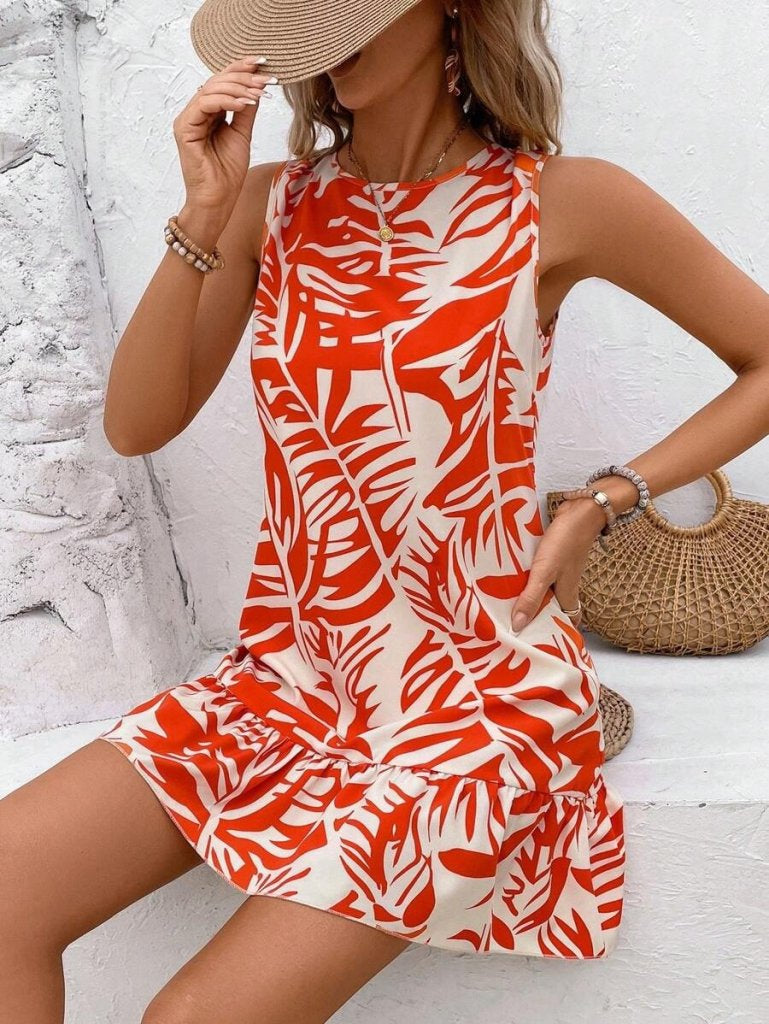 Rochie de damă Sofia, fără mâneci, cu guler rotund și model cu volane, 34325