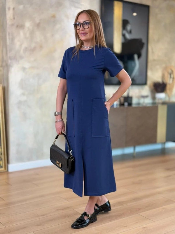 Rochie midi din viscoză cu două fire, cu mânecă scurtă, guler rotund, buzunare, crăpătură frontală, 24273
