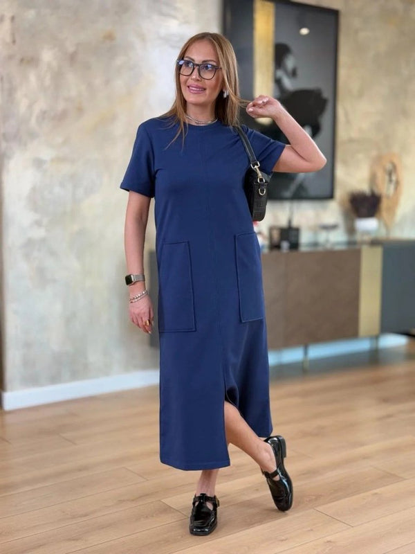 Rochie midi din viscoză cu două fire, cu mânecă scurtă, guler rotund, buzunare, crăpătură frontală, 24273