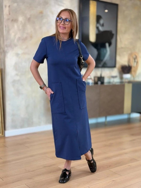 Rochie midi din viscoză cu două fire, cu mânecă scurtă, guler rotund, buzunare, crăpătură frontală, 24273