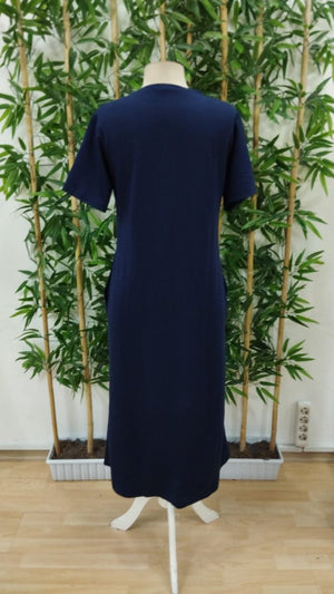 Rochie midi din viscoză cu două fire, cu mânecă scurtă, guler rotund, buzunare, crăpătură frontală, 24273