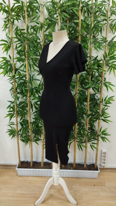 Rochie midi din crep strălucitor, cu mânecă scurtă, decolteu adânc în V și crăpătură, pentru femei, 26655