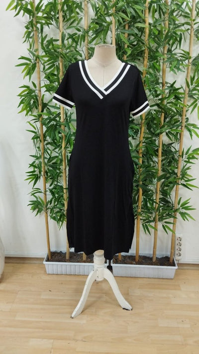 Rochie midi damă, cu mânecă scurtă, decolteu în V, detalii din rib în zona mânecilor și a decolteului, din viscoză, 37157