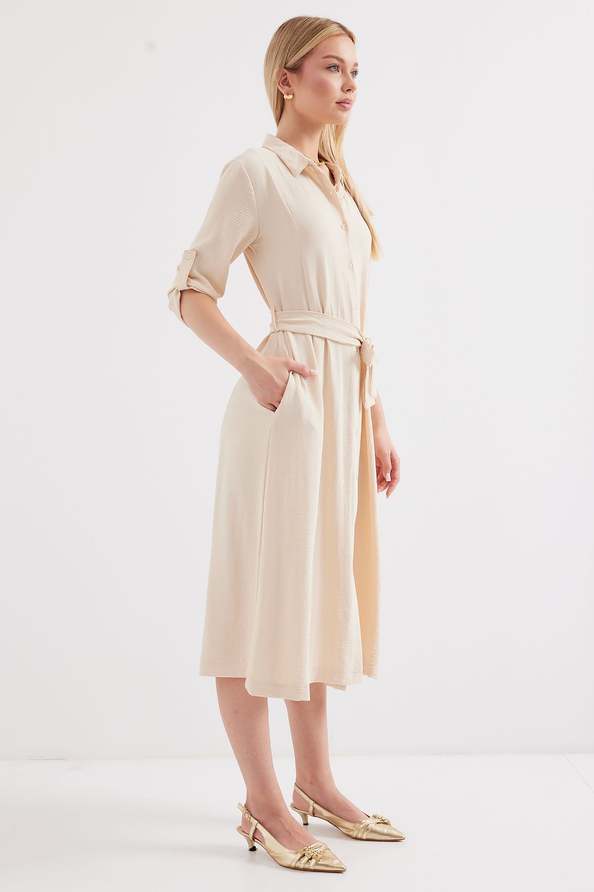 2442 Rochie-Cămașă cu Curea - Crem