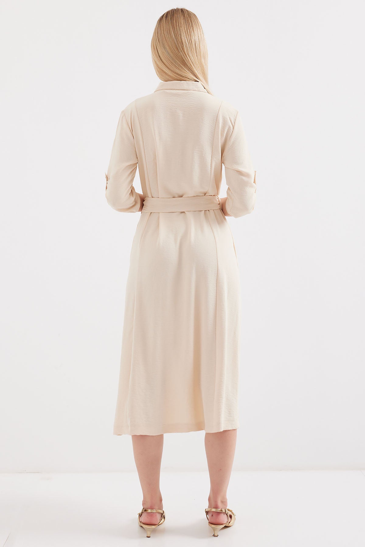 2442 Rochie-Cămașă cu Curea - Crem