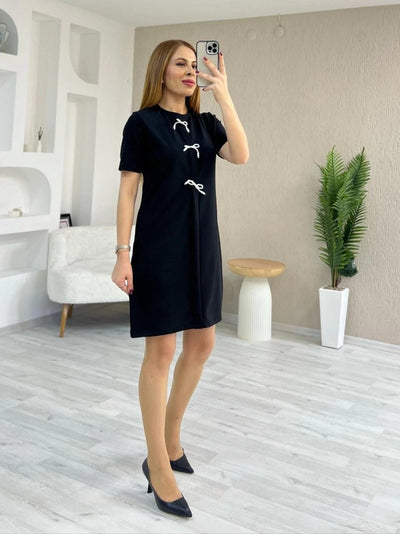 Rochie de damă cu mânecă scurtă, guler rotund, din crep importat, cu fundă în față, 24501