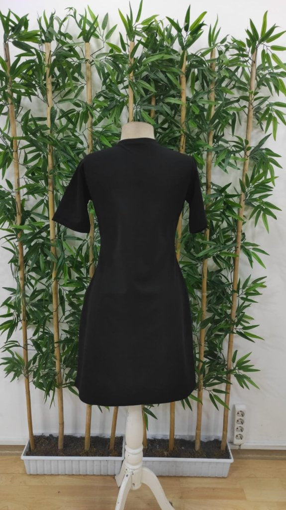 Rochie de damă cu mânecă scurtă, guler rotund, din crep importat, cu fundă în față, 24501