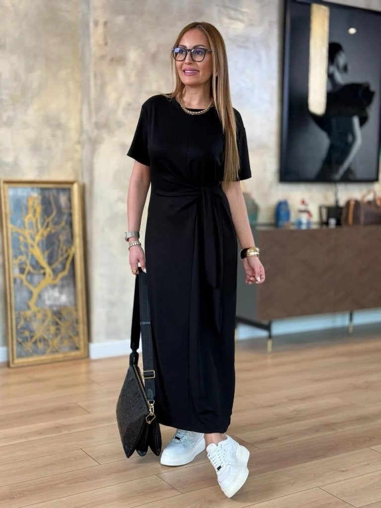 Rochie de damă din viscoză cu două fire, cu guler rotund și șireturi laterale, 24937