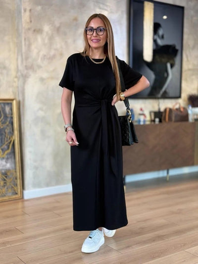 Rochie de damă din viscoză cu două fire, cu guler rotund și șireturi laterale, 24937
