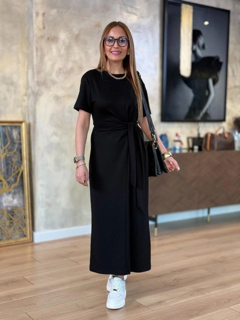 Rochie de damă din viscoză cu două fire, cu guler rotund și șireturi laterale, 24937