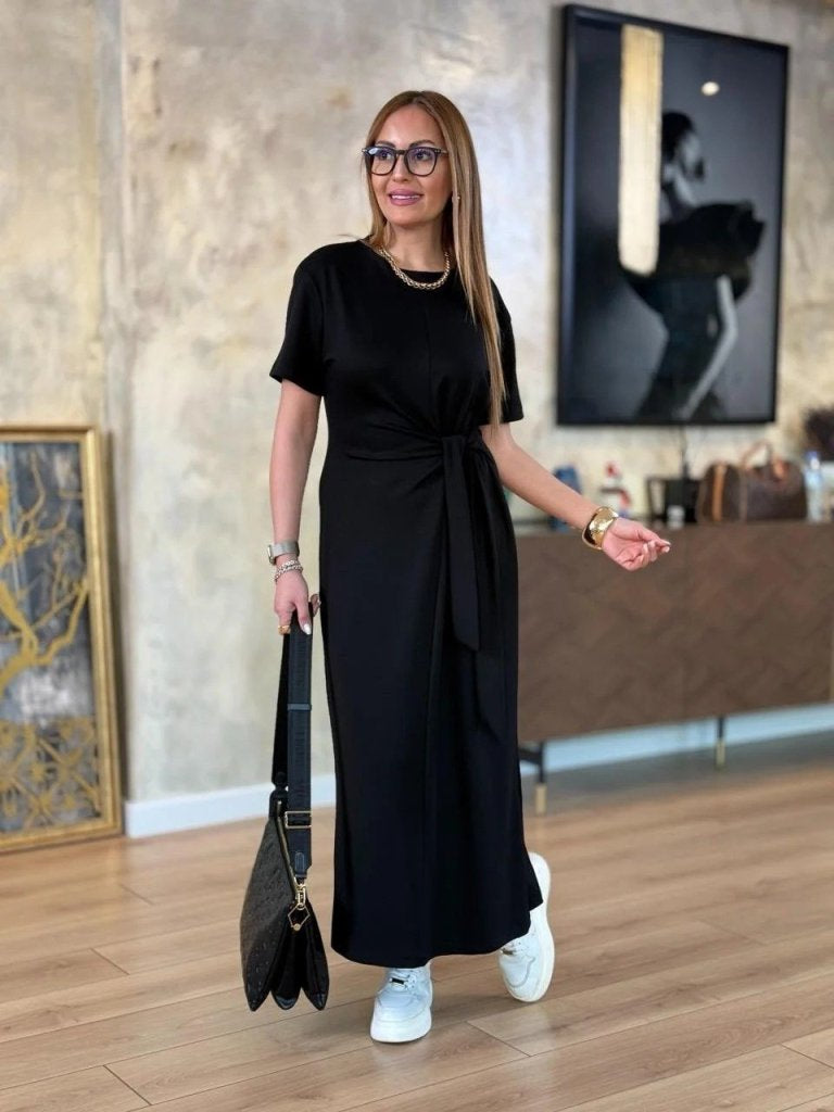 Rochie de damă din viscoză cu două fire, cu guler rotund și șireturi laterale, 24937