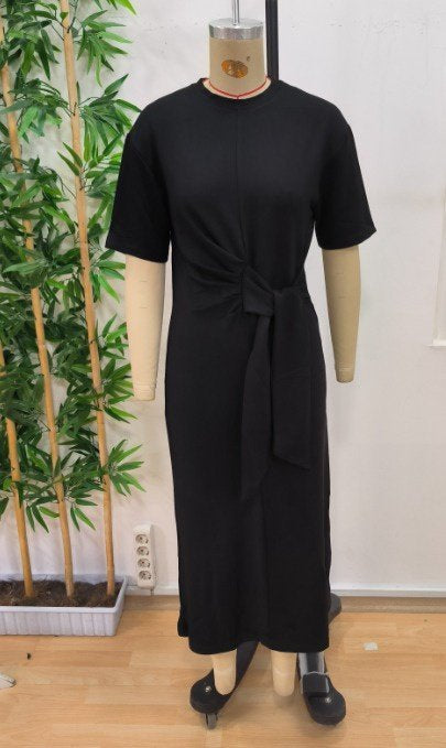 Rochie de damă din viscoză cu două fire, cu guler rotund și șireturi laterale, 24937