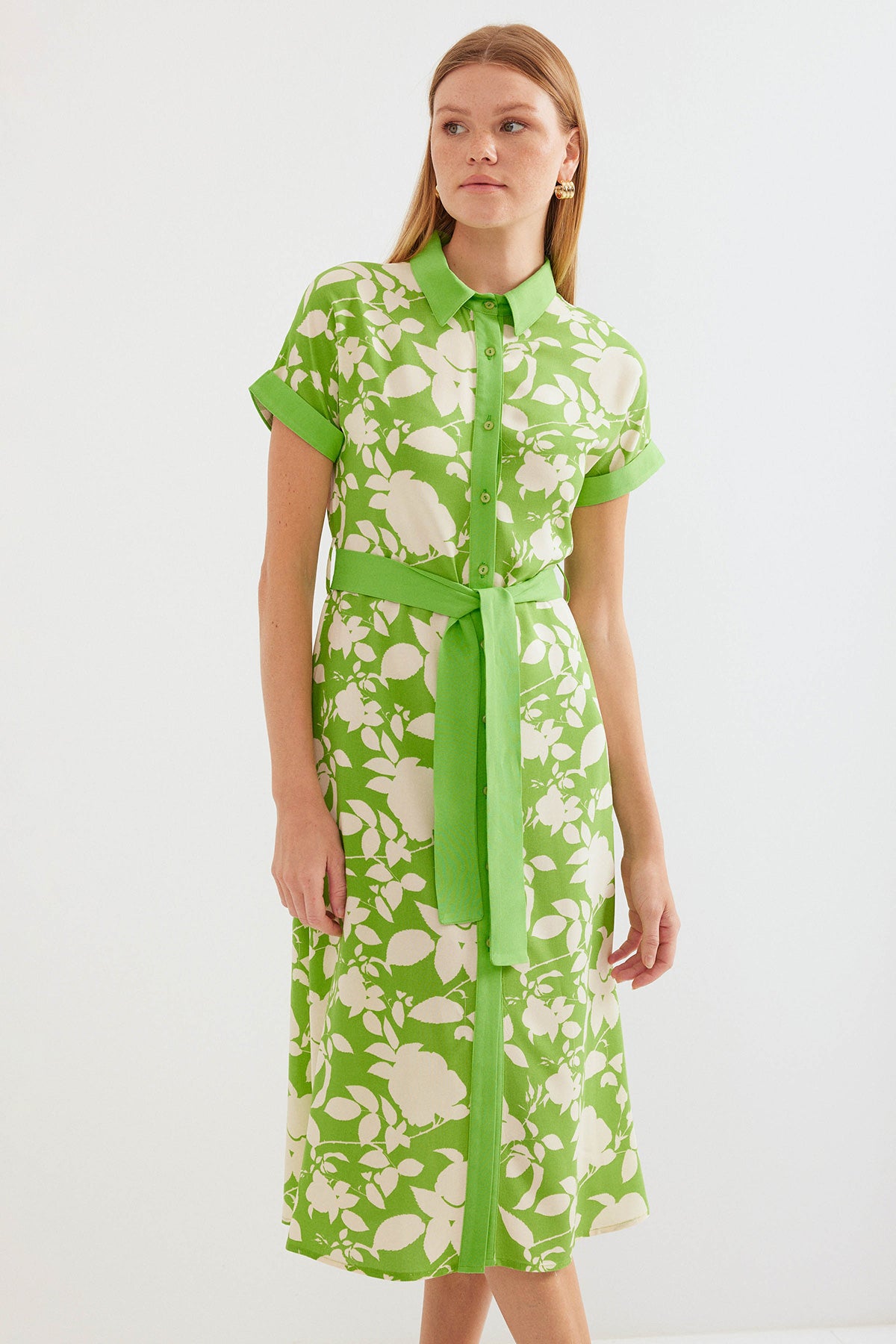 2455 Rochie Cămașă cu Model - Verde