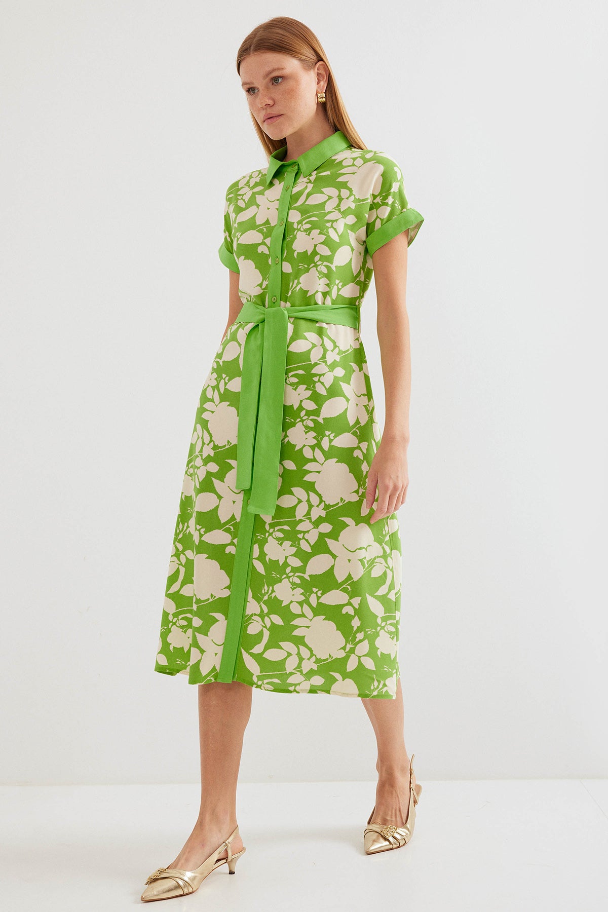 2455 Rochie Cămașă cu Model - Verde