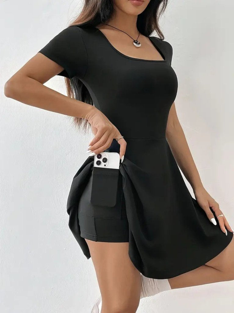 Kadın Kısa Kollu Kare Yaka Short Detaylı Cepli Dalgıç Elbise, 25592