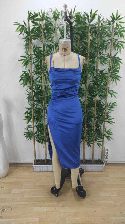 Rochie midi din catifea cu crăpături, cu decolteu în V și bretele, pentru femei, 25609