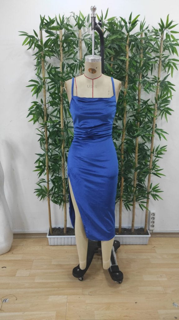 Rochie midi din catifea cu crăpături, cu decolteu în V și bretele, pentru femei, 25609