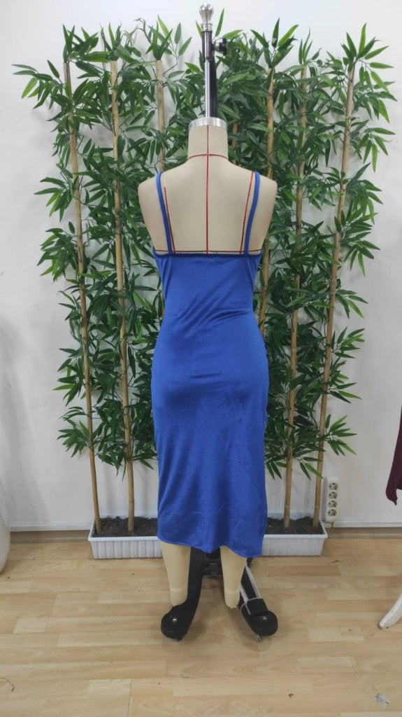 Rochie midi din catifea cu crăpături, cu decolteu în V și bretele, pentru femei, 25609