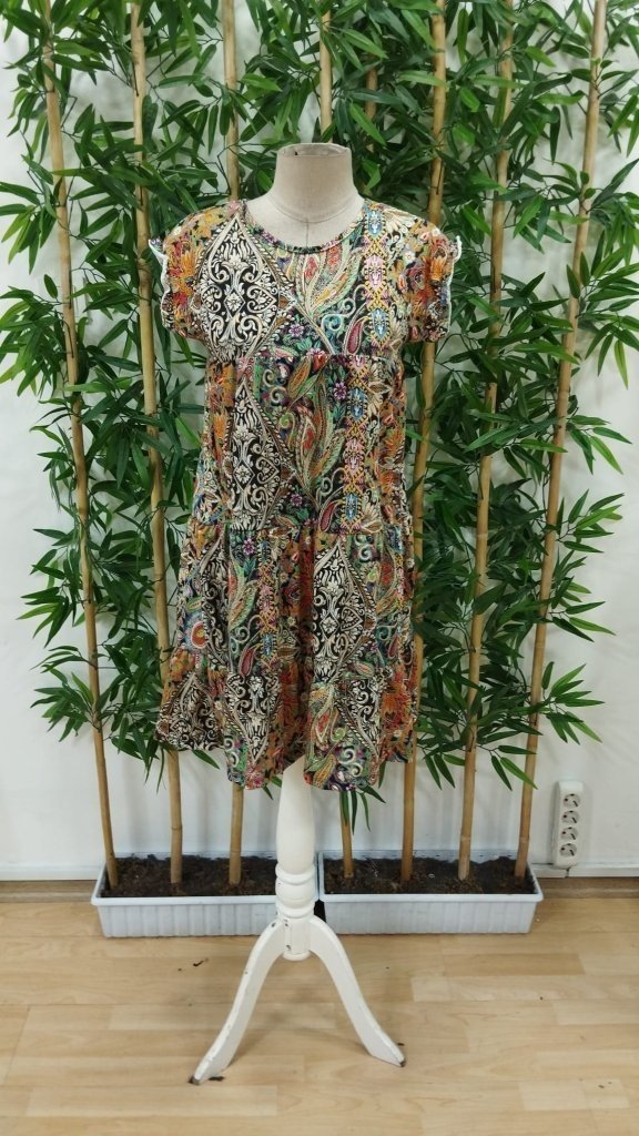 Rochie de damă cu mânecă scurtă, cu volane, guler rotund și model pătrat, 26931