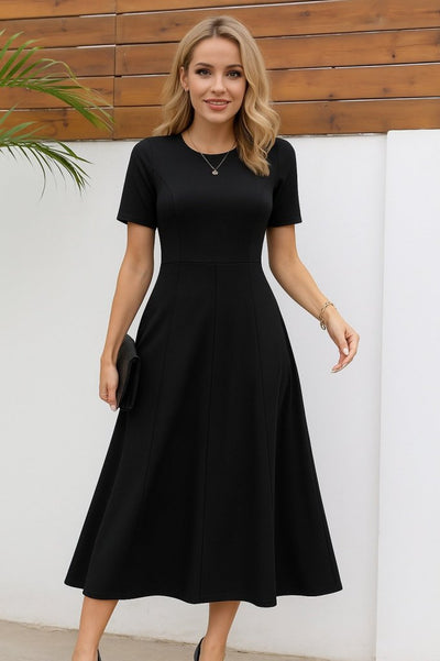 Rochie maxi din crep importat, cu mânecă scurtă și guler rotund, pentru femei, 36200
