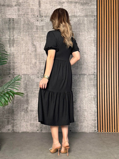 Women's Short Sleeve Open Collar Tiered Crinkle Balloon Dress, 33894
