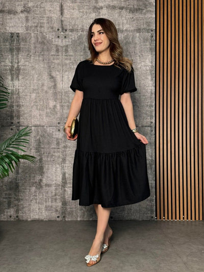 Women's Short Sleeve Open Collar Tiered Crinkle Balloon Dress, 33894