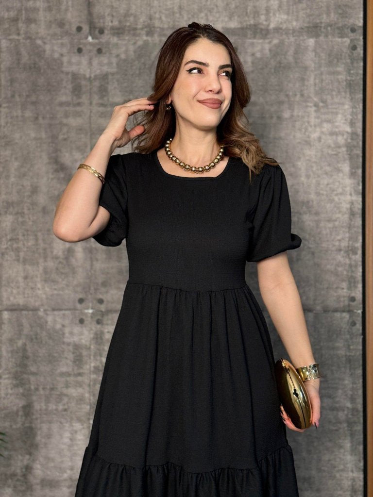 Women's Short Sleeve Open Collar Tiered Crinkle Balloon Dress, 33894