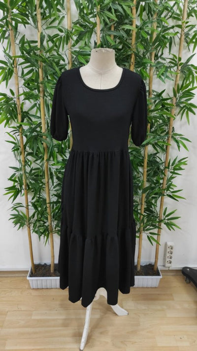 Women's Short Sleeve Open Collar Tiered Crinkle Balloon Dress, 33894