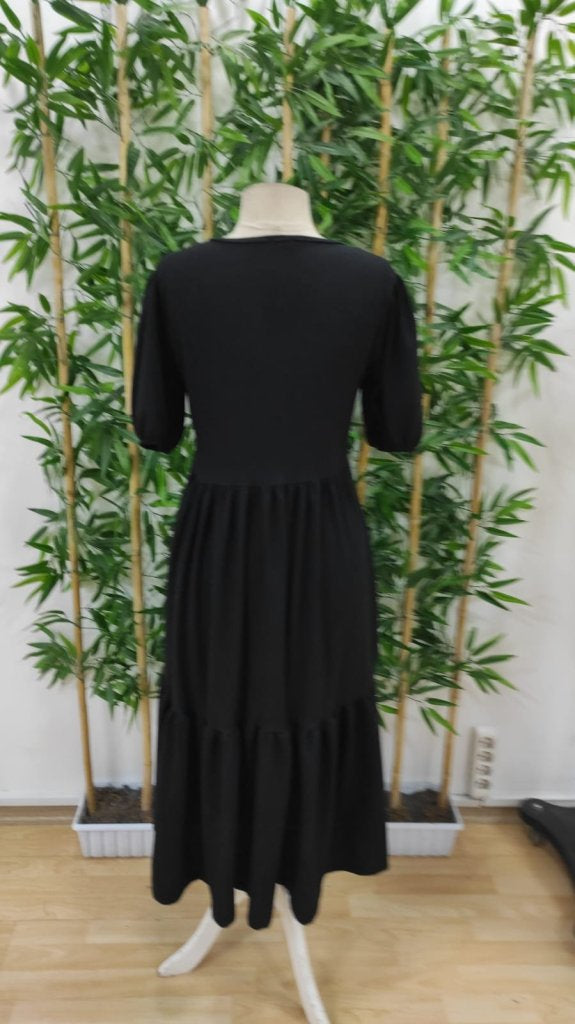 Women's Short Sleeve Open Collar Tiered Crinkle Balloon Dress, 33894