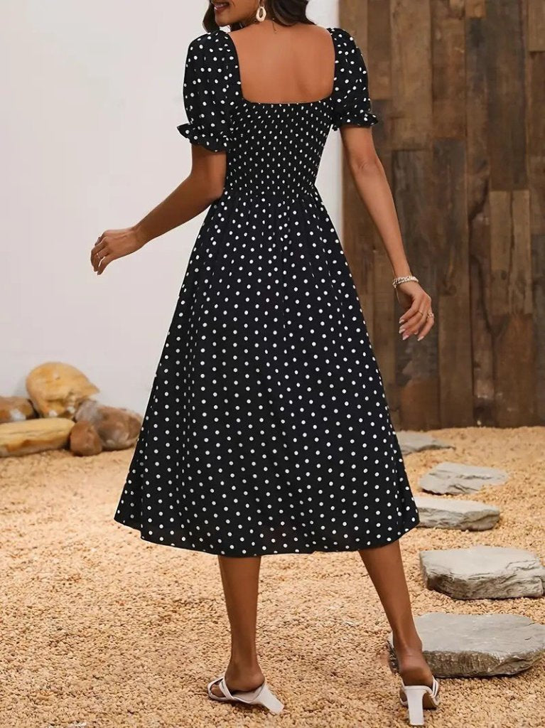 Rochie midi din crep tricotat cu buline, cu mânecă scurtă, decolteu geometric și crăpătură, pentru femei, 33444