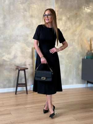 Rochie midi din viscoză cu două fire, cu mânecă scurtă și guler rotund, pentru femei, 24704