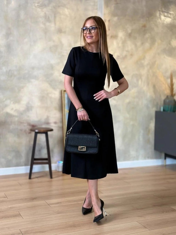 Rochie midi din viscoză cu două fire, cu mânecă scurtă și guler rotund, pentru femei, 24704
