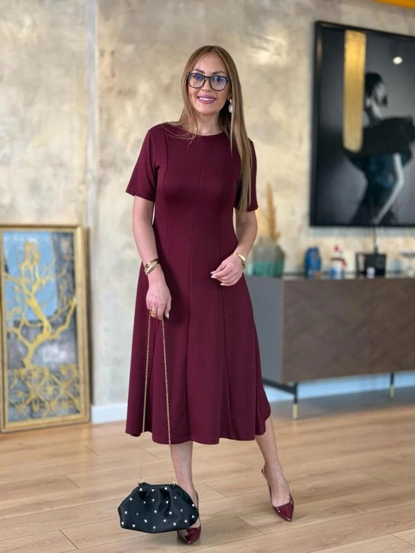Rochie midi din viscoză cu două fire, cu mânecă scurtă și guler rotund, pentru femei, 24706