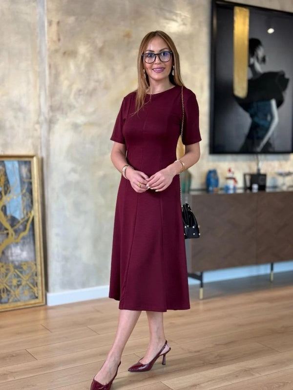 Rochie midi din viscoză cu două fire, cu mânecă scurtă și guler rotund, pentru femei, 24706