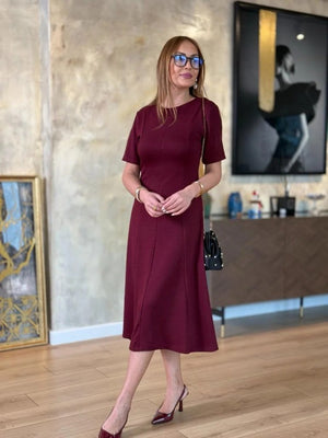 Rochie midi din viscoză cu două fire, cu mânecă scurtă și guler rotund, pentru femei, 24706