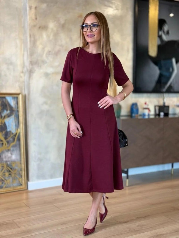 Rochie midi din viscoză cu două fire, cu mânecă scurtă și guler rotund, pentru femei, 24706