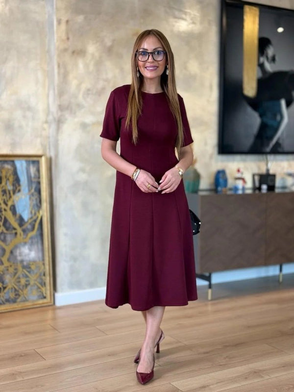 Rochie midi din viscoză cu două fire, cu mânecă scurtă și guler rotund, pentru femei, 24706