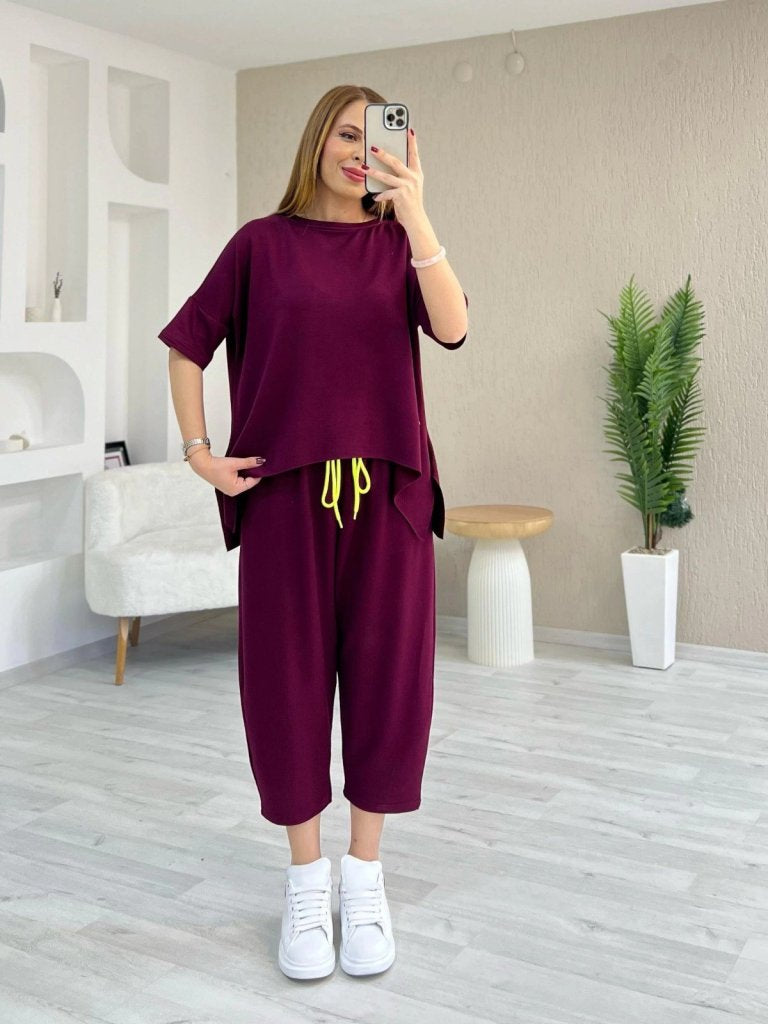 Set două piese damă, bluză din viscoză cu mânecă scurtă, guler rotund și pantaloni, tip două fire, 37756