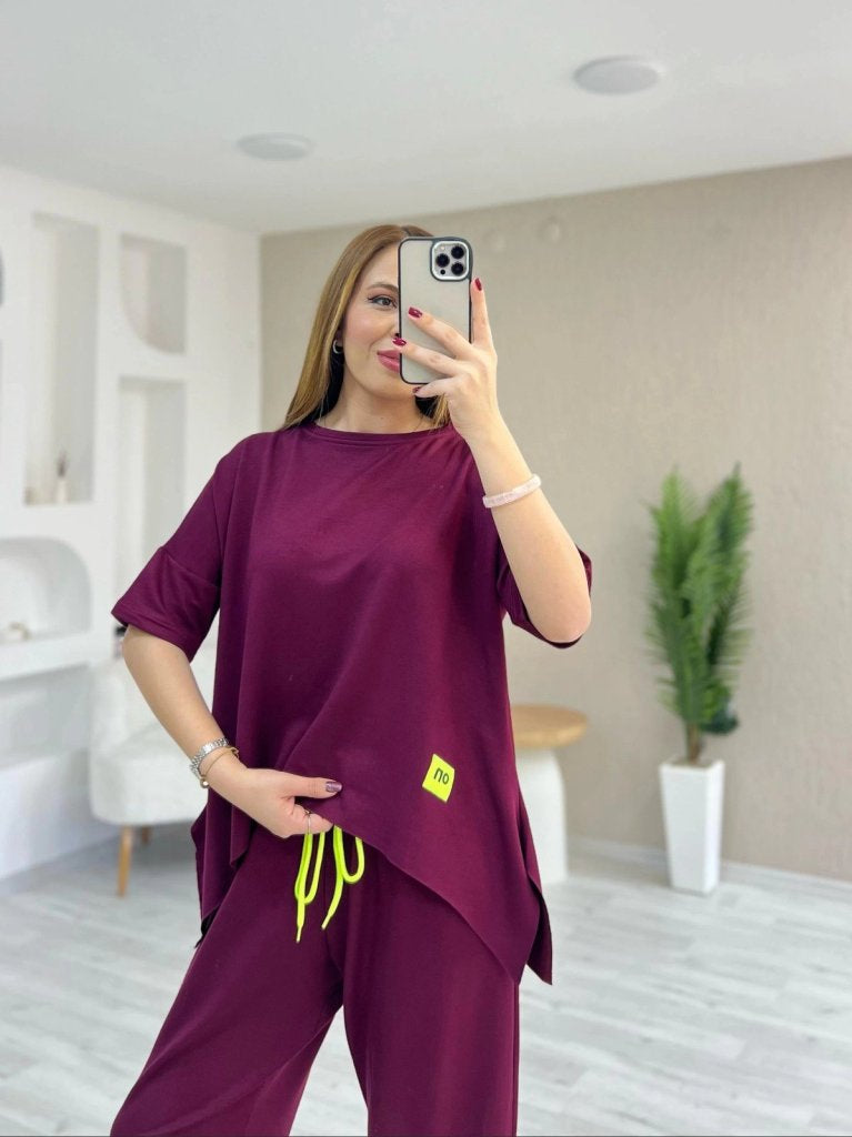 Set două piese damă, bluză din viscoză cu mânecă scurtă, guler rotund și pantaloni, tip două fire, 37756