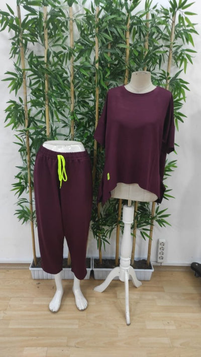 Set două piese damă, bluză din viscoză cu mânecă scurtă, guler rotund și pantaloni, tip două fire, 37756