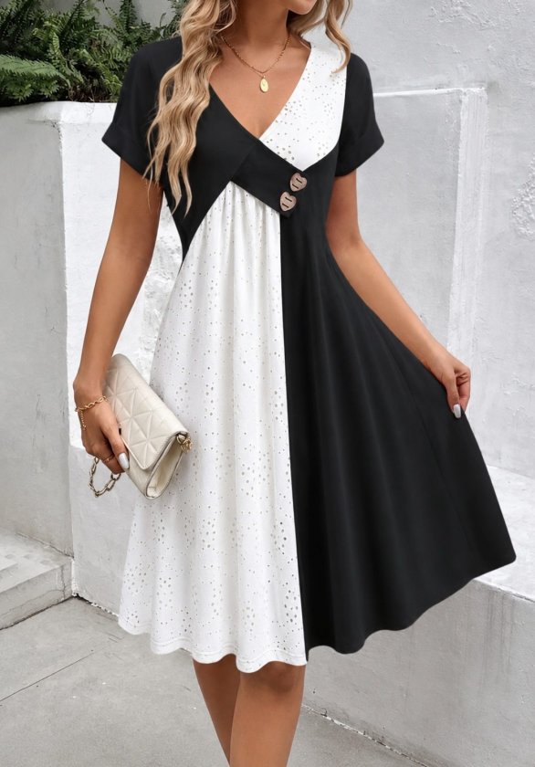 Rochie de damă din viscoză, mărime mare, cu mânecă scurtă, decolteu în V, brodată în contrast, 34822