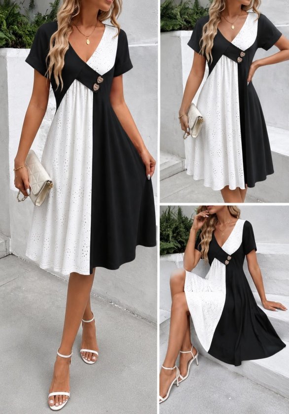 Rochie de damă din viscoză, mărime mare, cu mânecă scurtă, decolteu în V, brodată în contrast, 34822