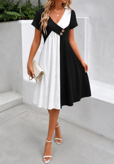 Rochie de damă din viscoză, mărime mare, cu mânecă scurtă, decolteu în V, brodată în contrast, 34822