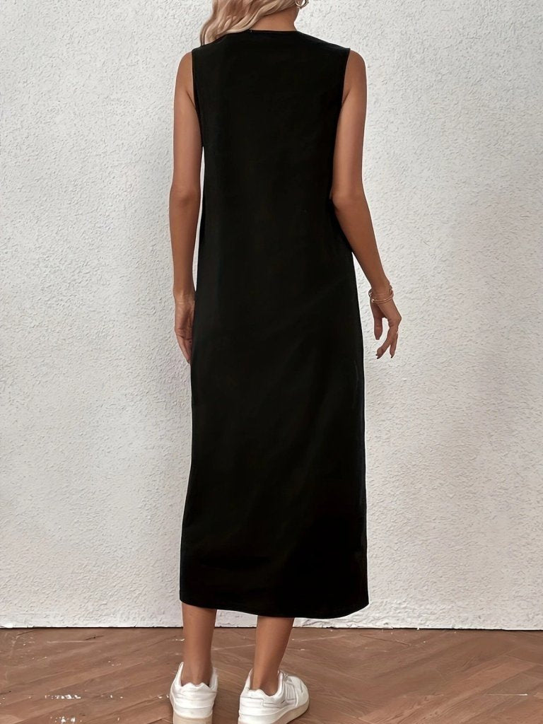 Rochie midi fără mâneci, cu guler rotund, din viscoză, cu două fire, 26970